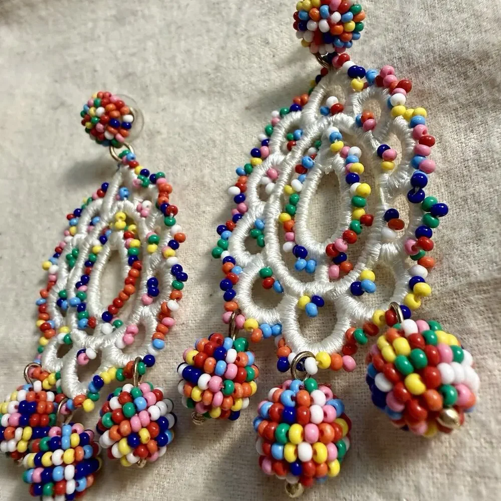 J.Crew Multicolored Glass Seed Bead Crochet Medallion Statement Dangle Earrings